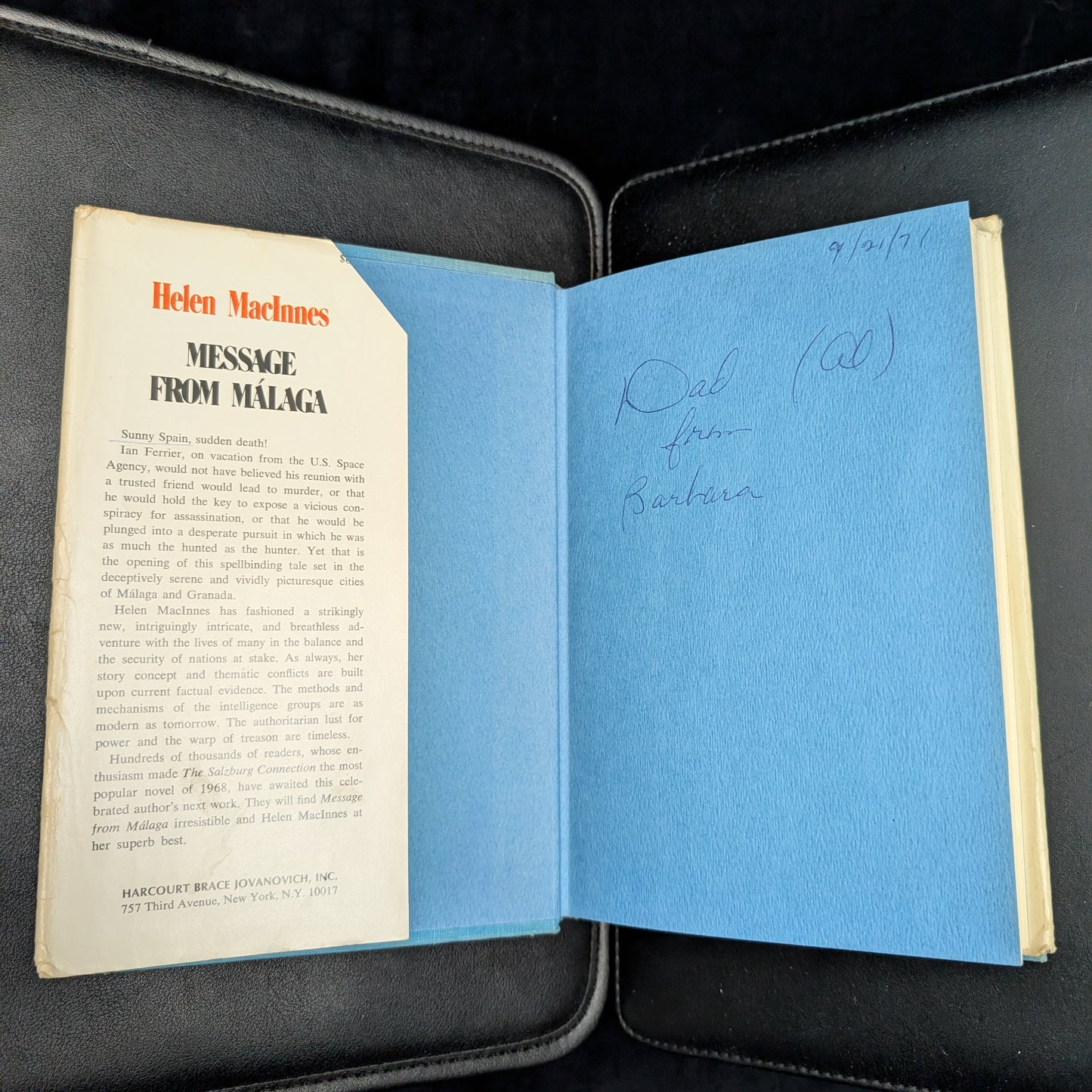 Message from Malaga by Helen MacInnes (First Edition with Inscription), 1971 🇪🇸🕵️♀️📜