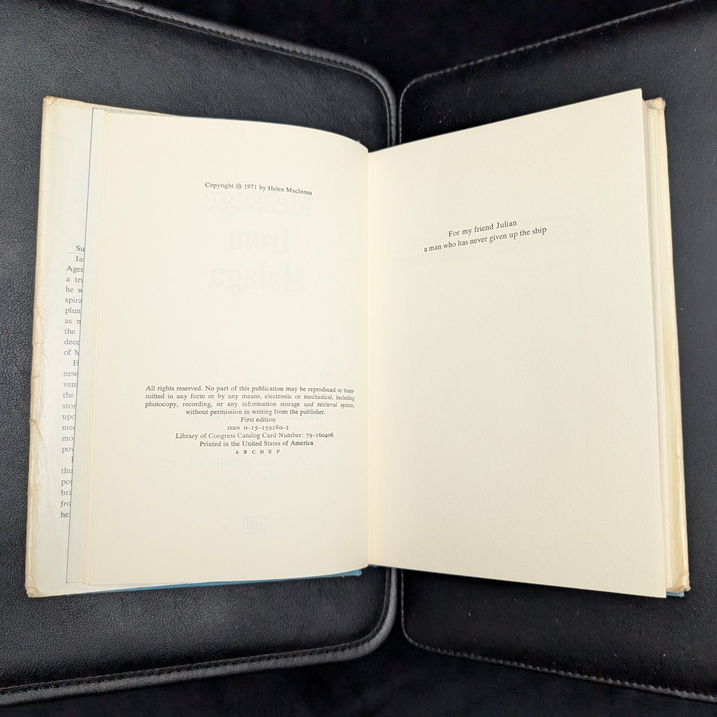 Message from Malaga by Helen MacInnes (First Edition with Inscription), 1971 🇪🇸🕵️♀️📜