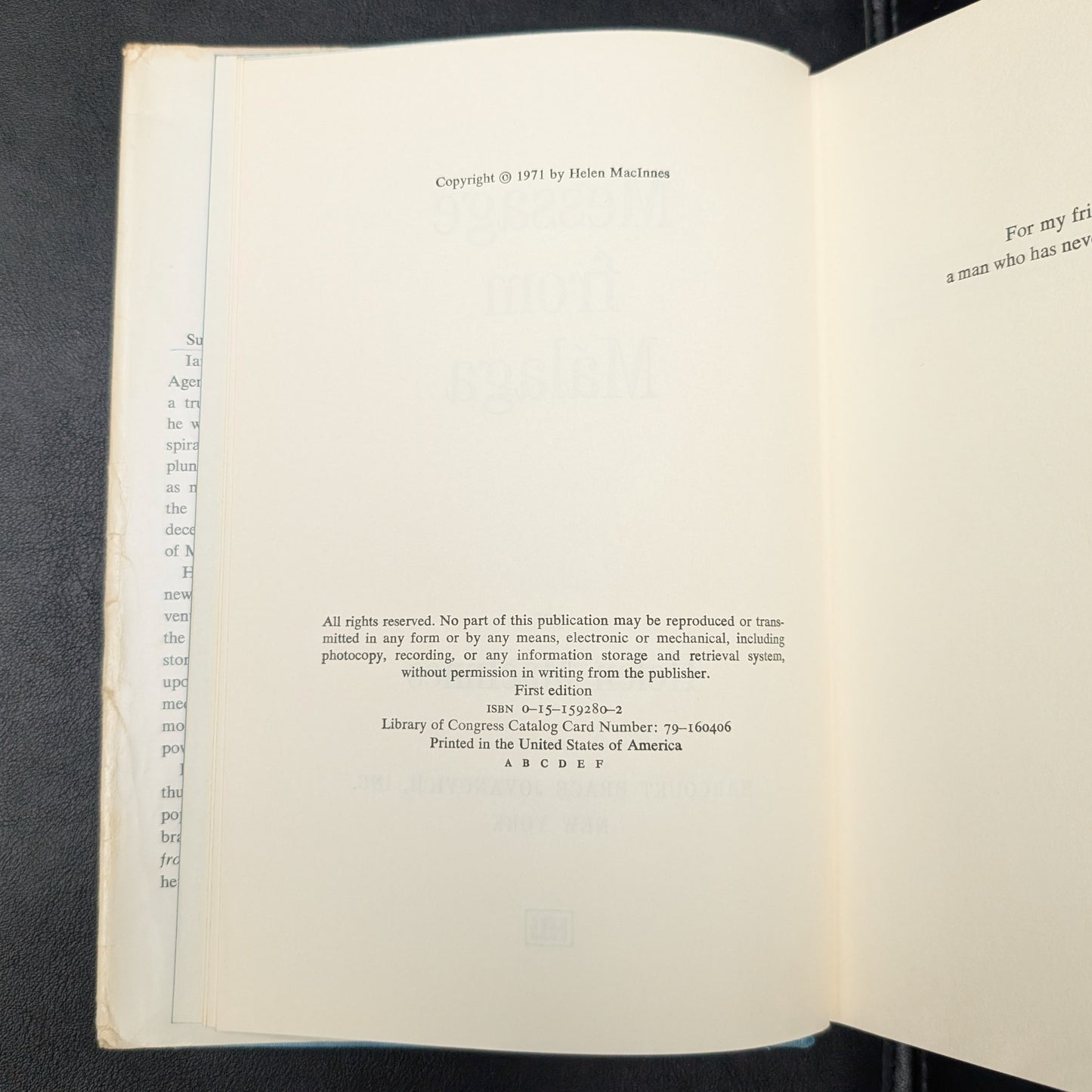 Message from Malaga by Helen MacInnes (First Edition with Inscription), 1971 🇪🇸🕵️♀️📜