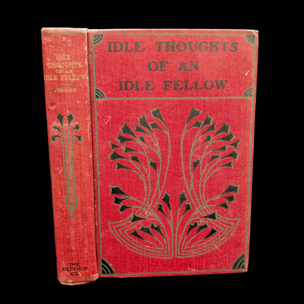 Cover of the book 'Idle Thoughts of an Idle Fellow' featuring a red background with black decorative patterns and text.
