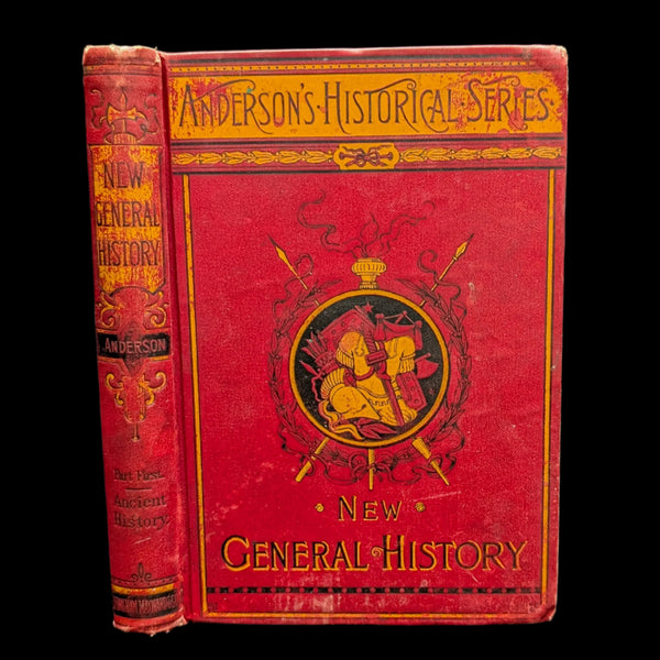 Cover of Anderson’s Historical Series, New General History, featuring a red background with gold accents and an illustration of a past era, along with the title and author's name.