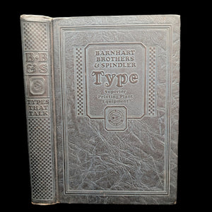 Cover of the book 'Types That Talk, Type Faces, Catalog 25-A, 1925' by Barnhart Brothers & Spindler, featuring an embossed design on the leather binding.