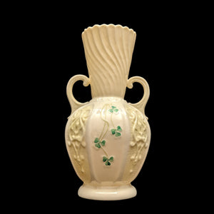 Vintage Belleek Porcelain Shamrock Vase – Ribbed Neck, Two-Handled, Green Mark (Ireland), c. 1970 ☘️🇮🇪🏺