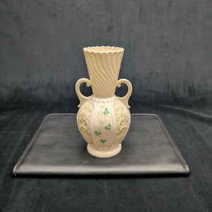 Vintage Belleek Porcelain Shamrock Vase – Ribbed Neck, Two-Handled, Green Mark (Ireland), c. 1970 ☘️🇮🇪🏺