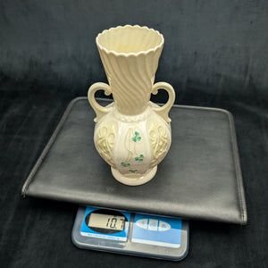 Vintage Belleek Porcelain Shamrock Vase – Ribbed Neck, Two-Handled, Green Mark (Ireland), c. 1970 ☘️🇮🇪🏺