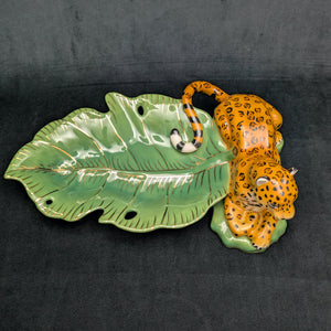 Lynn Chase Designs Serving Tray – "Jaguar Jungle" Porcelain, Two-Piece Wildlife Leaf Set (Hungary), c. 2006 🐆🌿✨