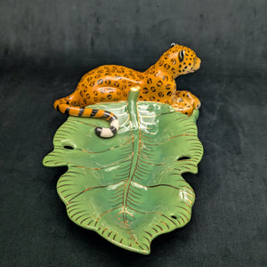 Lynn Chase Designs Serving Tray – "Jaguar Jungle" Porcelain, Two-Piece Wildlife Leaf Set (Hungary), c. 2006 🐆🌿✨