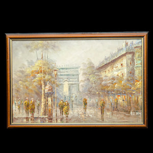 Original oil painting depicting a Parisian street scene with the Arc de Triomphe in the background, framed in a wooden frame.