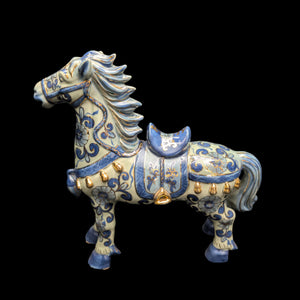 Decorative Porcelain Horse by A RISE – Blue & White Chinoiserie with Gold Gilt (RARE Mark), c. 1960 🐴💙👑
