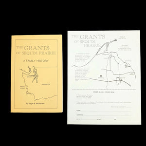 A cover and an advertisement page of the book titled 'The Grants of Sequim Prairie, A Family History' by Edgar B. Wicklander, featuring genealogy charts and illustrations.