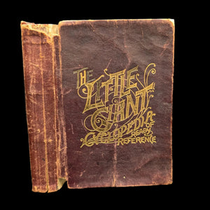 An old, leather-covered book with ornate gold lettering on the cover, titled 'The Little Giant Cyclopedia And Treasury Of Ready Reference, 1892'. The book appears worn and has a previous owner's inscription.