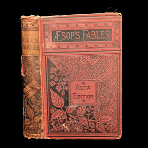 Cover of 'Aesop's Fables: A New Version, Rev. Thomas James, Alta Edition' featuring ornate designs and the title text, with visible signs of wear.