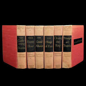 A collection of six hardcover books by Winston S. Churchill titled 'The Second World War', with each volume featuring a beige cover and red detailing.