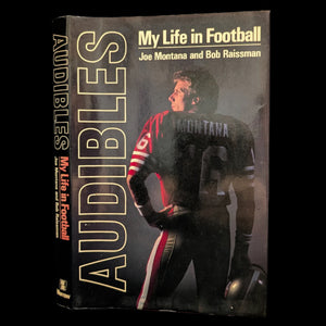 A cover of the book 'Audibles, My Life In Football' by Joe Montana and Bob Raissman, featuring an image of Joe Montana in a football uniform.