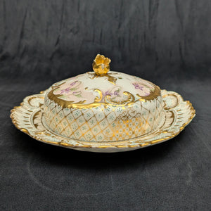 Antique Limoges Covered Butter Dish – A. Lanternier & Co. Mark, Hand-Painted Floral & Gilt (France), c. 1895 🇫🇷👑✨