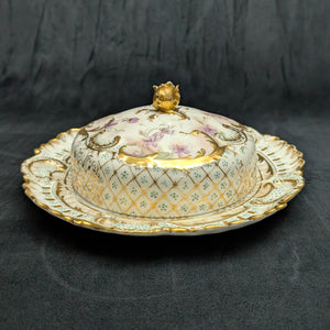 Antique Limoges Covered Butter Dish – A. Lanternier & Co. Mark, Hand-Painted Floral & Gilt (France), c. 1895 🇫🇷👑✨