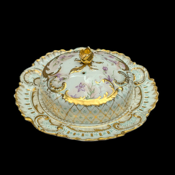 Antique Limoges Covered Butter Dish – A. Lanternier & Co. Mark, Hand-Painted Floral & Gilt (France), c. 1895 🇫🇷👑✨