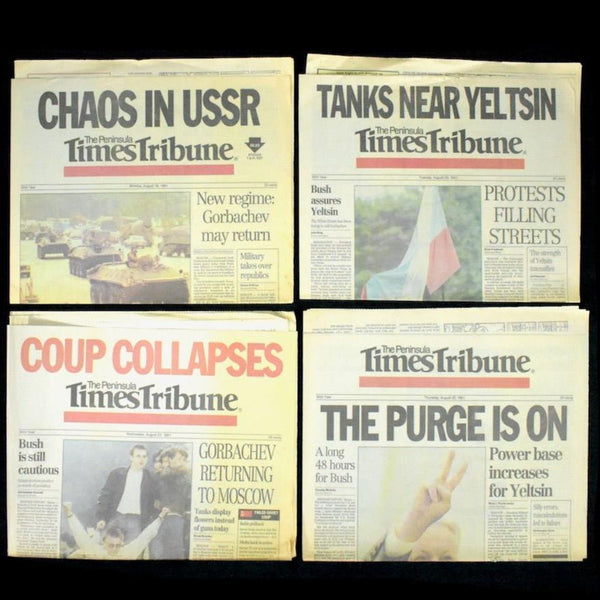 Sequential Newspaper Set (The Peninsula Times Tribune) - The 1991 Soviet August Coup, Aug 19–22, 1991 🇷🇺📰❌