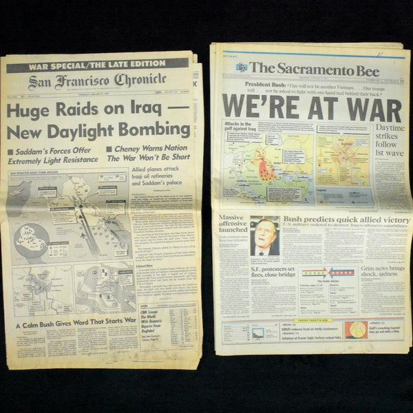 Paired Historical Newspapers (The Sacramento Bee & San Francisco Chronicle) - Outbreak of Operation Desert Storm, Jan 17, 1991 ⚔️📰🇺🇸