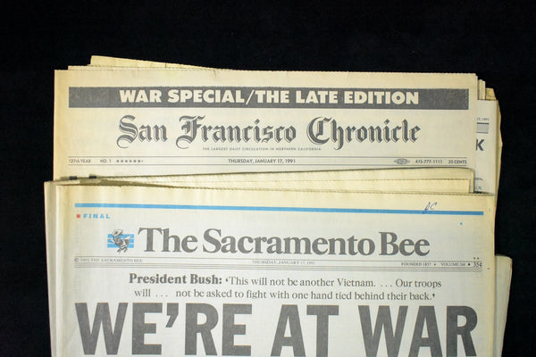 Paired Historical Newspapers (The Sacramento Bee & San Francisco Chronicle) - Outbreak of Operation Desert Storm, Jan 17, 1991 ⚔️📰🇺🇸