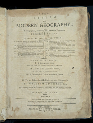 A New System of Modern Geography (Vol. I) by William Guthrie (First American Edition), 1794 📜🎨🇺🇸