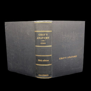 The image shows a hardcover book with a cloth cover, titled 'Gray's Anatomy', 28th edition, by Henry Gray and Charles Mayo Goss.