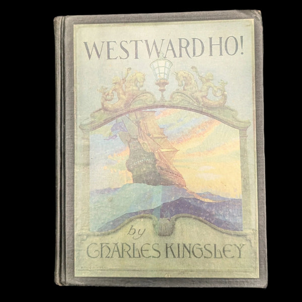 Cover of 'Westward Ho!' by Charles Kingsley featuring an illustrated scene with a ship and characters.
