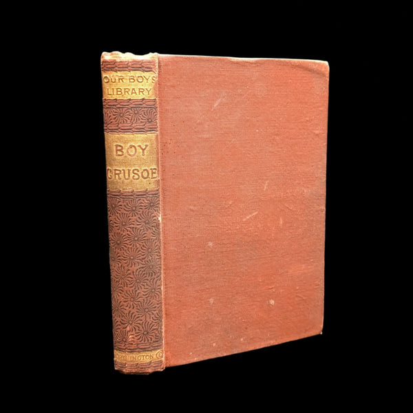 A photo of a book titled 'Boy Crusoes; or, The Young Islanders' by Jefferys Taylor, published in 1888, from the Our Boys Library series, with a brown spine and cover.