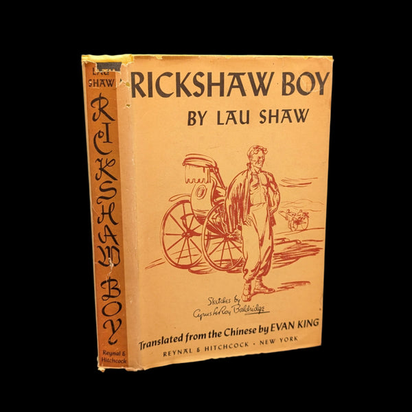 The cover of the book 'Rickshaw Boy' by Lau Shaw, showing a cartoon illustration of a man riding a rickshaw, with the author's name and the translator's name, Evan King, at the top.