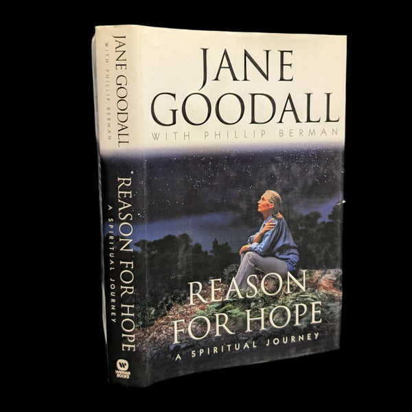 A book cover of 'Reason For Hope: A Spiritual Journey' by Jane Goodall with a picture of her and a night sky in the background.