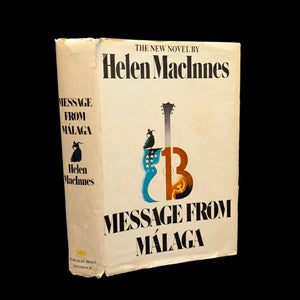 The cover of the book 'Message From Malaga' by Helen MacInnes features a blue and purple design with the title and author's name.