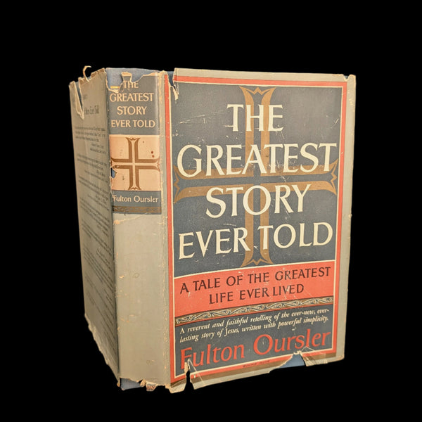 A worn paperback copy of the book 'The Greatest Story Ever Told' by Fulton Oursler, showing signs of aging and use.