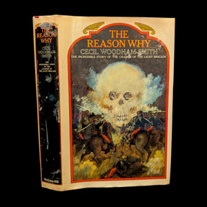 Cover of the book 'The Reason Why' by Cecil Woodham-Smith, featuring an illustration of a skull under a moonlit sky with a background of horses and soldiers.