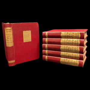 A set of six hardcover books in red with gold lettering, titled 'Anthology of the World's Best Poems' by Edwin Markham.