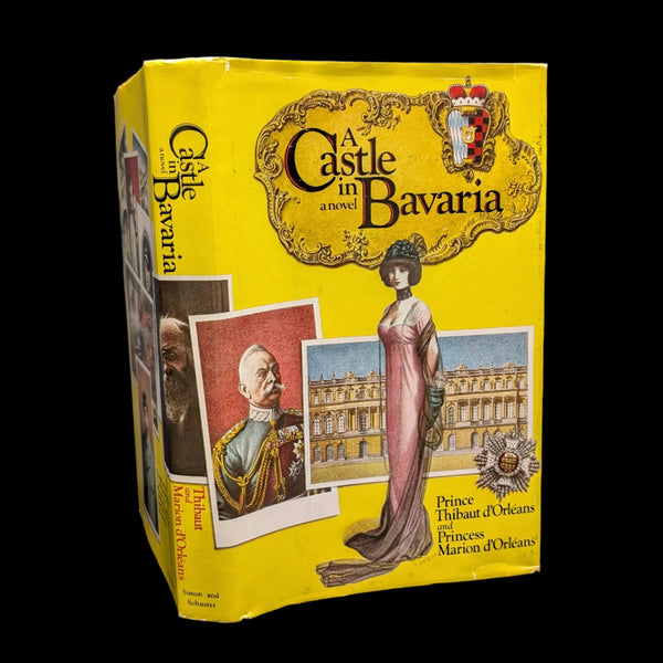 A yellow book cover of 'A Castle In Bavaria' featuring illustrations of a castle, a man in a suit, and a woman in an elegant dress.