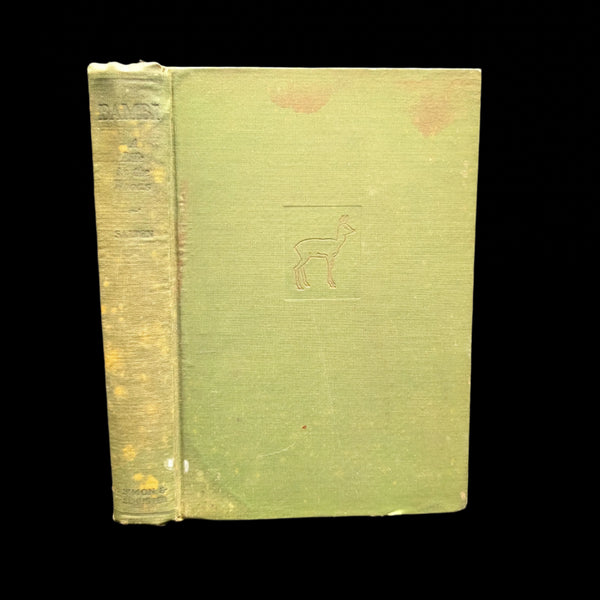 First edition copy of Bambi by Felix Salten with visible signs of wear and aging on the green cover.