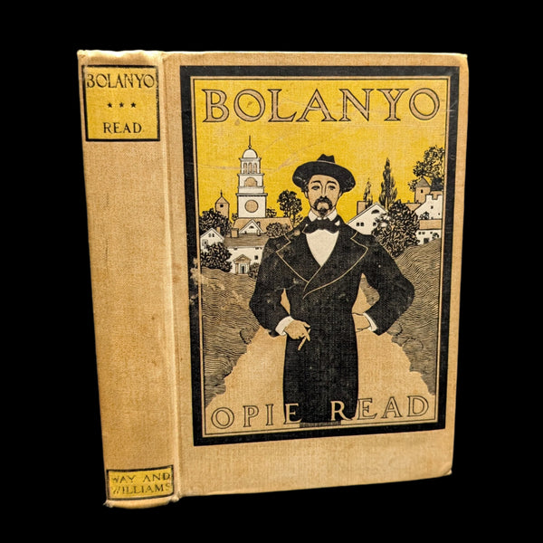 Cover of 'Bolanyo' by Opie Read featuring an illustration of a man in a hat and coat, with a yellow backdrop, trees, and a building in the distance.