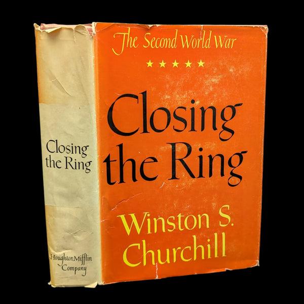 A hardcover book titled 'Closing the Ring, The Second World War' by Winston S. Churchill, with a red and yellow cover.
