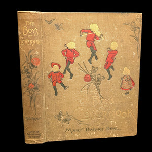 Cover of the book 'The Boys Of Clovernook, 1896' featuring illustrations of children in vintage clothing engaging in playful activities against a floral patterned background.