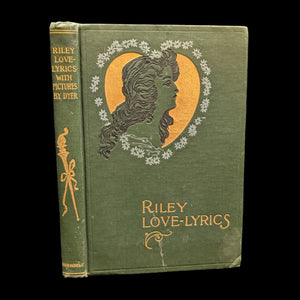 Cover of the book 'Riley Love-Lyrics' featuring a green background with a silhouette of a woman's profile in orange and white, along with decorative elements.