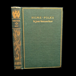 Cover of the book 'Home-Folks' by James Whitcomb Riley, featuring a green background with title and author's name, and an illustration of a wheat ear.