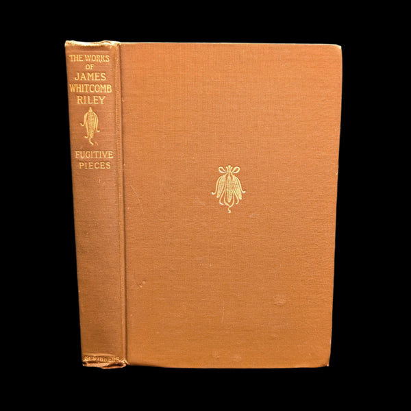 Cover of a hardcover book titled 'Fugitive Pieces' by James Whitcomb Riley, featuring a brown background with the author's name and a small decorative element.