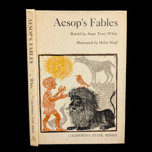 A photo of a book titled 'Aesop's Fables' from the California State Series with an illustration of a lion and a bird on the cover.