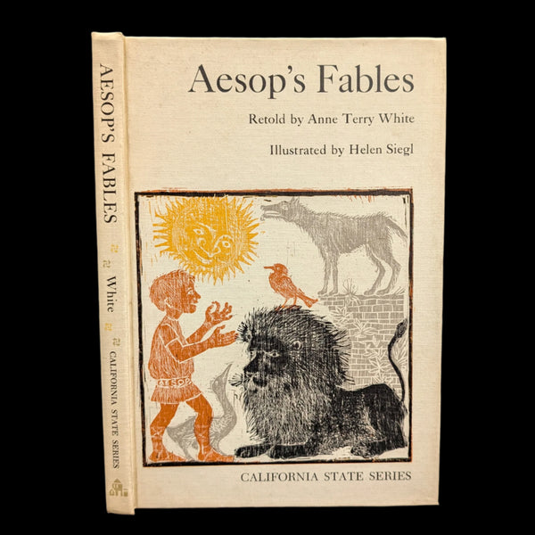 A photo of a book titled 'Aesop's Fables' from the California State Series with an illustration of a lion and a bird on the cover.