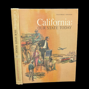 A book cover of 'California: Our State Today' featuring an illustration with several characters and a train.