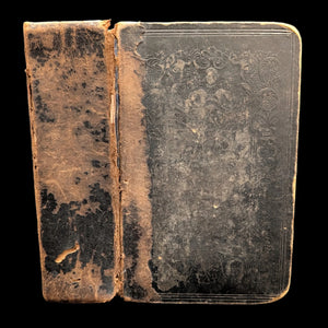 An old, worn Swedish Psalm Gospel book withsermon texts from 1878, featuring decorative embossed patterns on the cover.