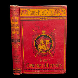 Cover of Anderson’s Historical Series, New General History, featuring a red background with gold accents and an illustration of a past era, along with the title and author's name.