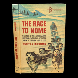 Hardcover book titled 'The Race to Nome' featuring an illustration of dog sled teams and a winter landscape.