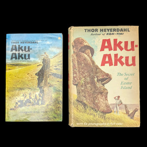Two books titled 'Aku-Aku: The Secret of Easter Island' by Thor Heyerdahl, one displayed as a hardback with a beige cover and the other as a paperback with a color illustration of Easter Island statues.