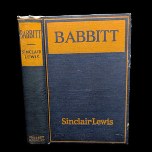 A hardcover edition of 'Babbit' by Sinclair Lewis with a blue and yellow cover, published by Grosset & Dunlap, New York.